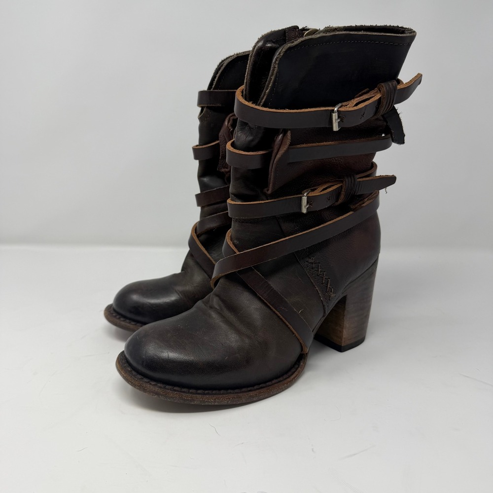 Freebird Baker Leather Buckle Strap Ankle Boot Brown Distressed Women Size 7
